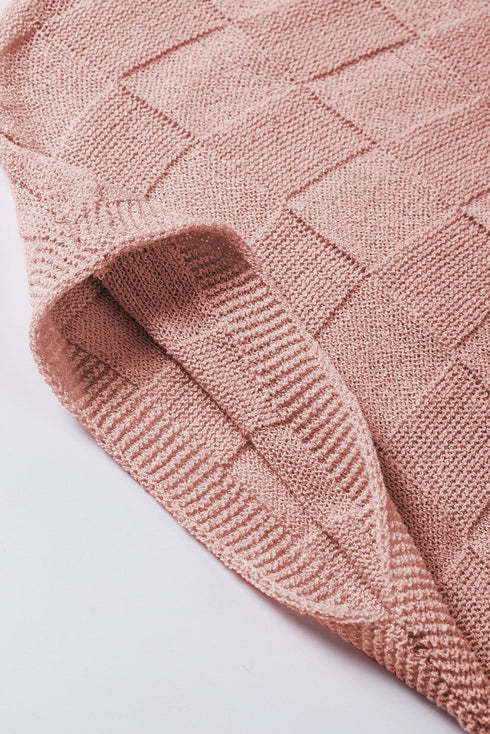 Checkered Textured Knit Short Sleeve Pocket Sweater Top