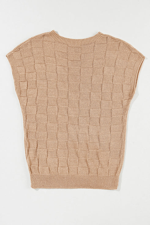 Checkered Textured Knit Short Sleeve Pocket Sweater Top