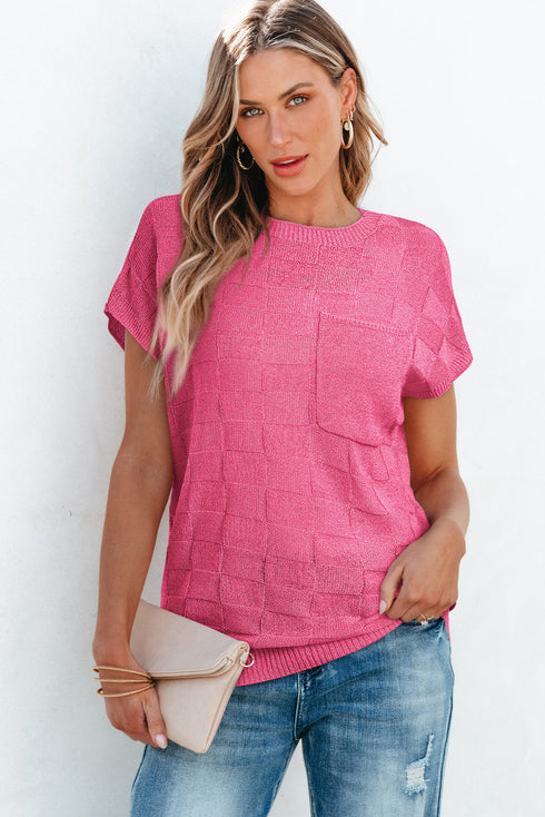 Checkered Textured Knit Short Sleeve Pocket Sweater Top