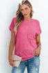 Checkered Textured Knit Short Sleeve Pocket Sweater Top