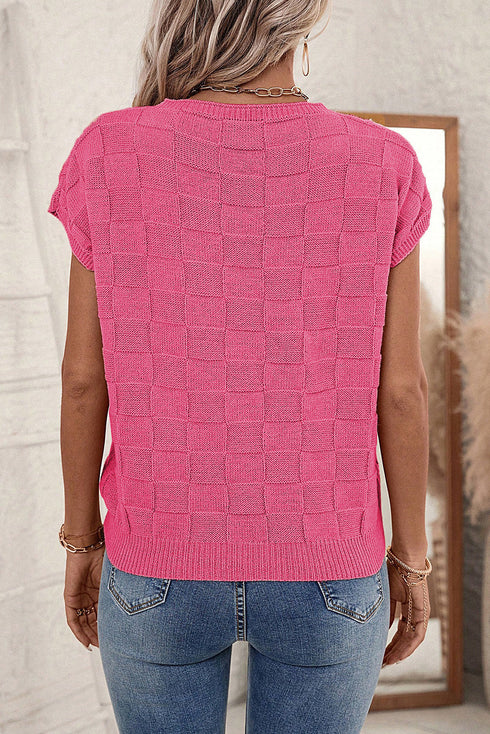 Checkered Textured Knit Short Sleeve Pocket Sweater Top