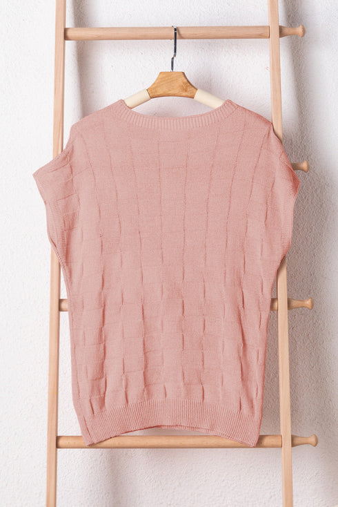Checkered Textured Knit Short Sleeve Pocket Sweater Top