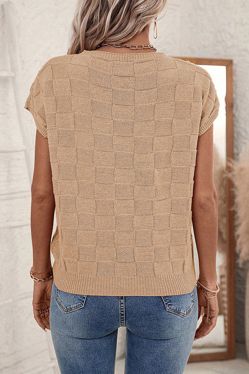 Checkered Textured Knit Short Sleeve Pocket Sweater Top