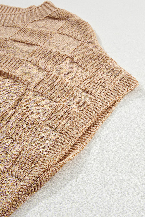 Checkered Textured Knit Short Sleeve Pocket Sweater Top