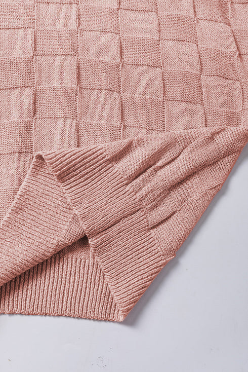 Checkered Textured Knit Short Sleeve Pocket Sweater Top
