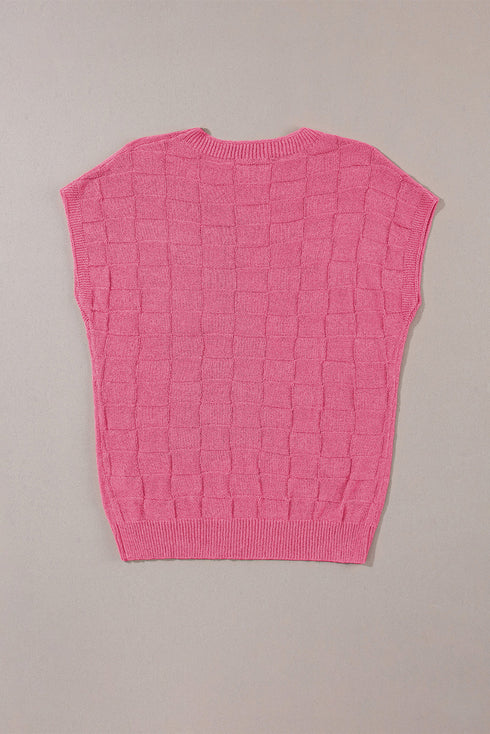 Checkered Textured Knit Short Sleeve Pocket Sweater Top