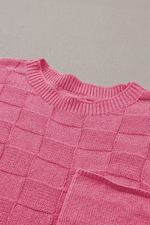 Checkered Textured Knit Short Sleeve Pocket Sweater Top