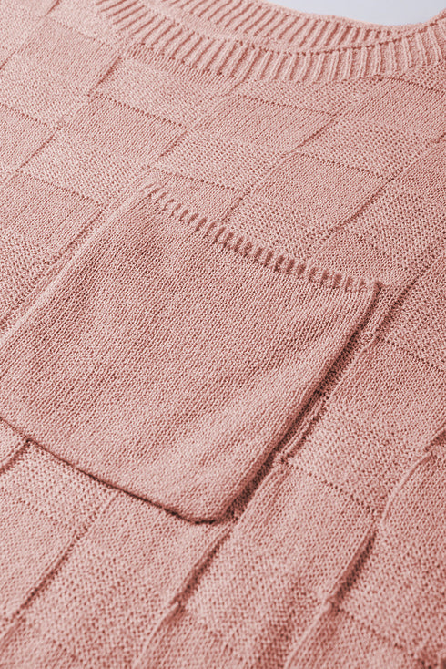 Checkered Textured Knit Short Sleeve Pocket Sweater Top