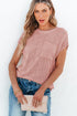 Checkered Textured Knit Short Sleeve Pocket Sweater Top