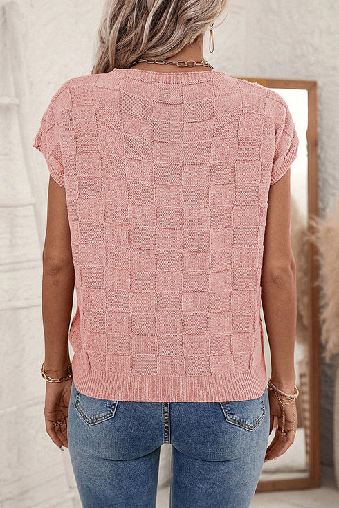 Checkered Textured Knit Short Sleeve Pocket Sweater Top