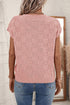Checkered Textured Knit Short Sleeve Pocket Sweater Top