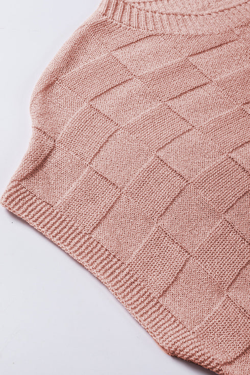 Checkered Textured Knit Short Sleeve Pocket Sweater Top