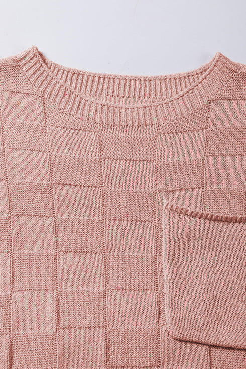 Checkered Textured Knit Short Sleeve Pocket Sweater Top
