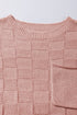 Checkered Textured Knit Short Sleeve Pocket Sweater Top