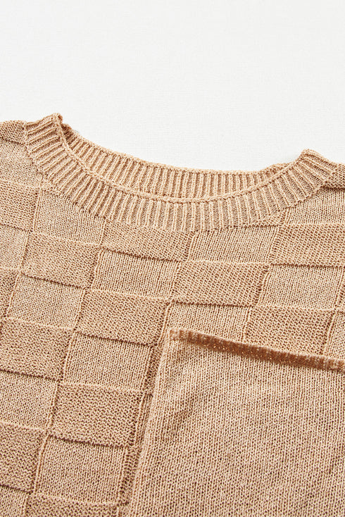 Checkered Textured Knit Short Sleeve Pocket Sweater Top