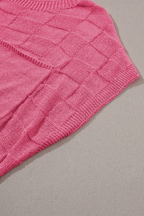 Checkered Textured Knit Short Sleeve Pocket Sweater Top