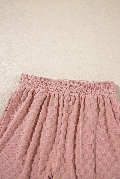 Checkered Textured Long Sleeve Two Piece Short Set