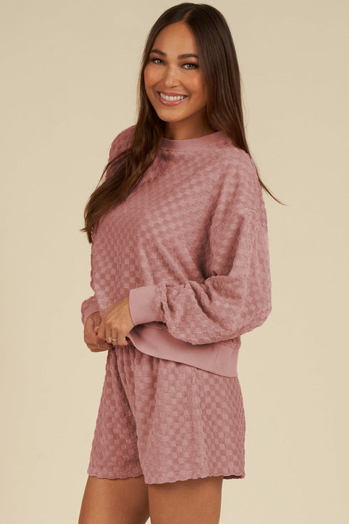 Checkered Textured Long Sleeve Two Piece Short Set