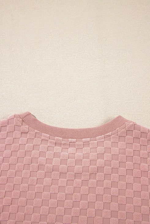 Checkered Textured Long Sleeve Two Piece Short Set