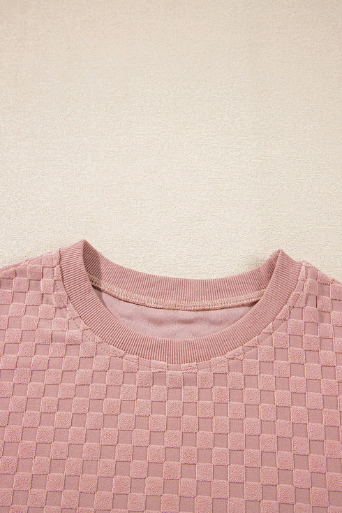 Checkered Textured Long Sleeve Two Piece Short Set