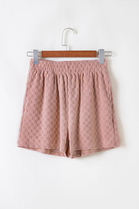 Checkered Textured Long Sleeve Two Piece Short Set
