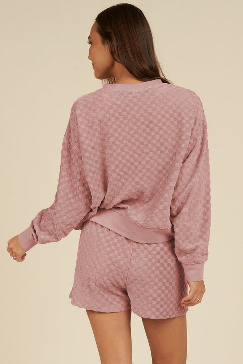 Checkered Textured Long Sleeve Two Piece Short Set