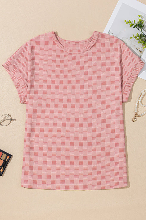 Checkered Textured Round Neck Short Sleeve Casual Tee
