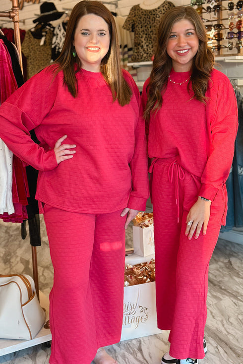 Checkered Textured Split Pullover Wide Leg Pant Sets