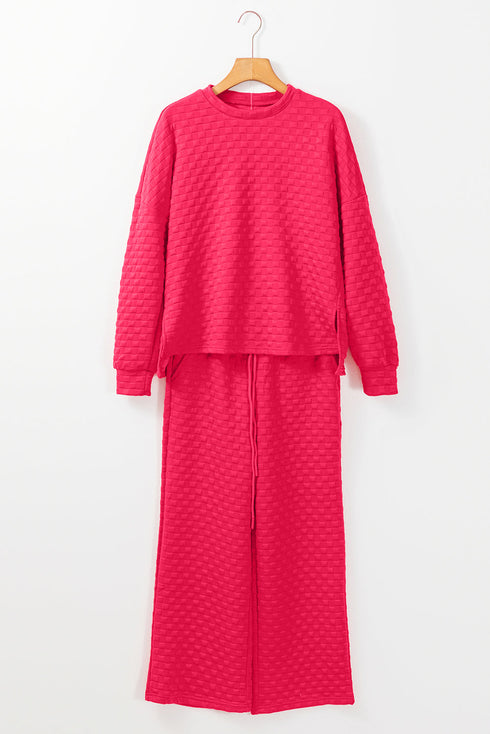 Checkered Textured Split Pullover Wide Leg Pant Sets