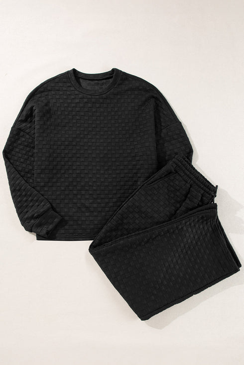 Checkered Textured Split Pullover Wide Leg Pant Sets