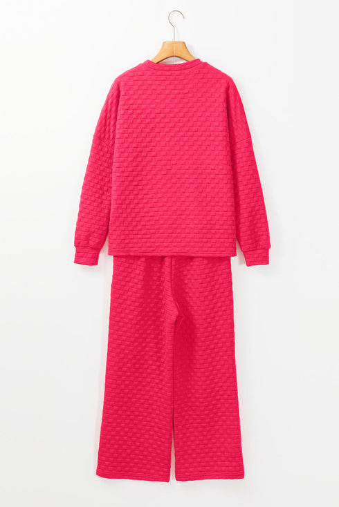 Checkered Textured Split Pullover Wide Leg Pant Sets
