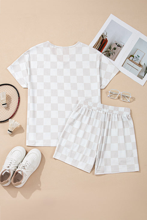 Checkered V Neck Relaxed Fit Lounge Tee and Shorts Two Piece Set
