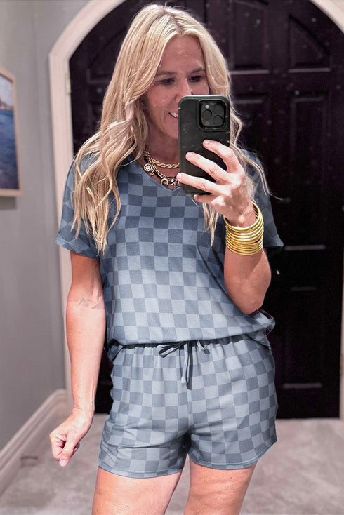 Checkered V Neck Relaxed Fit Lounge Tee and Shorts Two Piece Set