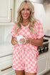 Checkered V Neck Relaxed Fit Lounge Tee and Shorts Two Piece Set