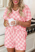 Checkered V Neck Relaxed Fit Lounge Tee and Shorts Two Piece Set
