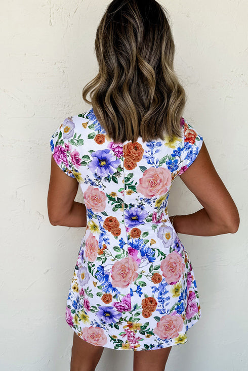 Cheerful Floral Print Cap Sleeve V Neck Casual Mini Dress