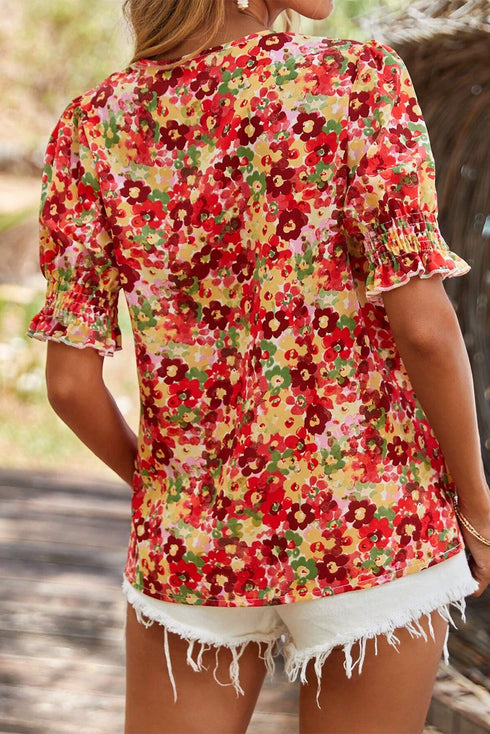 Cheerful Floral Print Faux Wrap Smocked Cuff Half Sleeve Top