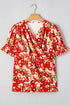 Cheerful Floral Print Faux Wrap Smocked Cuff Half Sleeve Top