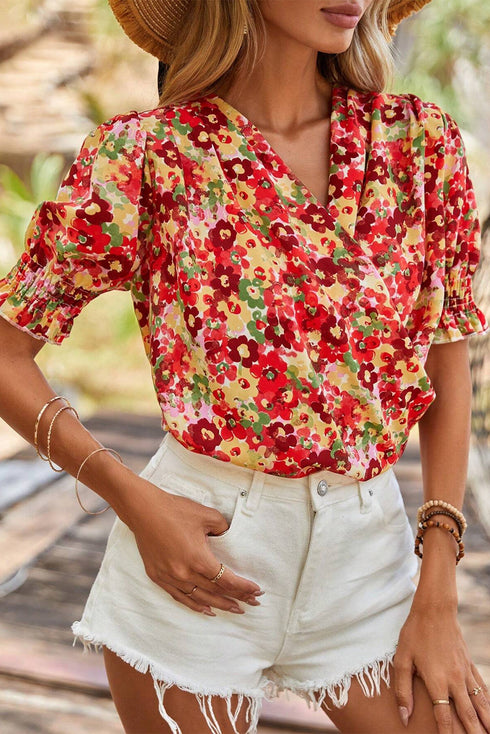Cheerful Floral Print Faux Wrap Smocked Cuff Half Sleeve Top