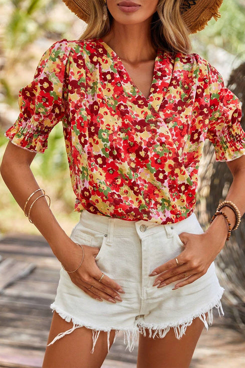 Cheerful Floral Print Faux Wrap Smocked Cuff Half Sleeve Top