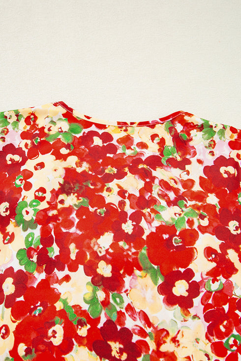 Cheerful Floral Print Faux Wrap Smocked Cuff Half Sleeve Top