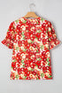 Cheerful Floral Print Faux Wrap Smocked Cuff Half Sleeve Top