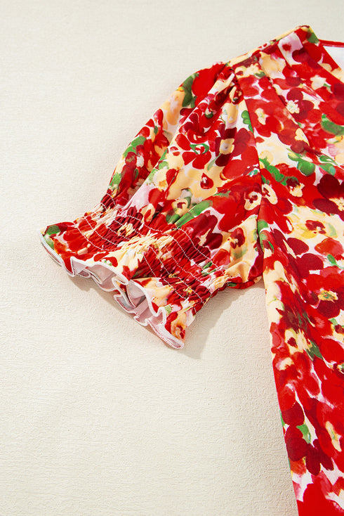 Cheerful Floral Print Faux Wrap Smocked Cuff Half Sleeve Top