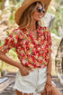 Cheerful Floral Print Faux Wrap Smocked Cuff Half Sleeve Top