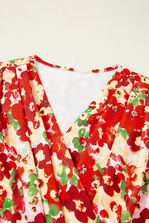 Cheerful Floral Print Faux Wrap Smocked Cuff Half Sleeve Top