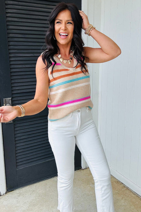 Cheerful Multi Stripe Textured Knit V Neck Sleeveless Sweater Tank