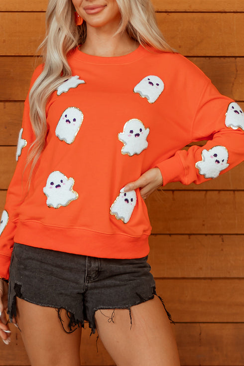Chenille Ghost Patch Crew Neck Pullover Sweatshirt