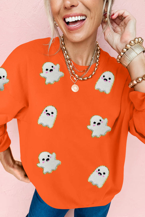 Chenille Ghost Patch Crew Neck Pullover Sweatshirt