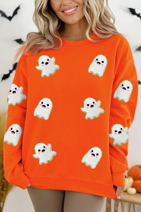 Chenille Ghost Patch Crew Neck Pullover Sweatshirt