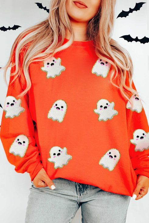 Chenille Ghost Patch Crew Neck Pullover Sweatshirt